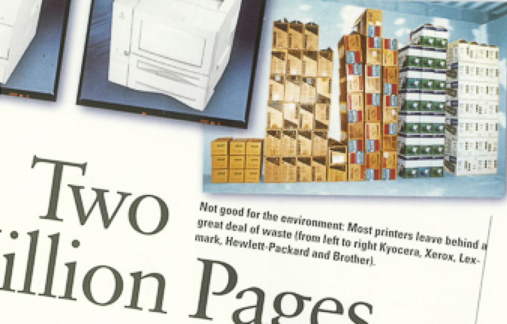 Comparison of waste generated after printing two million pages using top printers, as reported by Germany’s PC PROFESSIONAL magazine (Kyocera had the lowest waste volume, as shown on the left of the photo above)